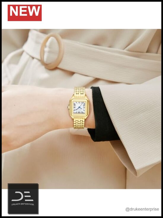 Square Gold Quartz Wrist Watch with Roman Dial Stainless Steel Band main image 5
